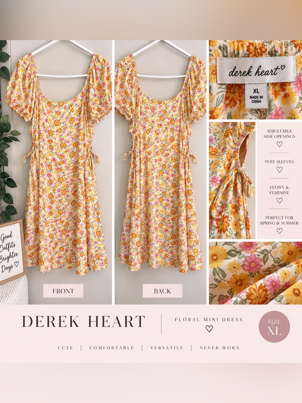 Derek Heart Yellow Floral Mini Dress with Puff Sleeves